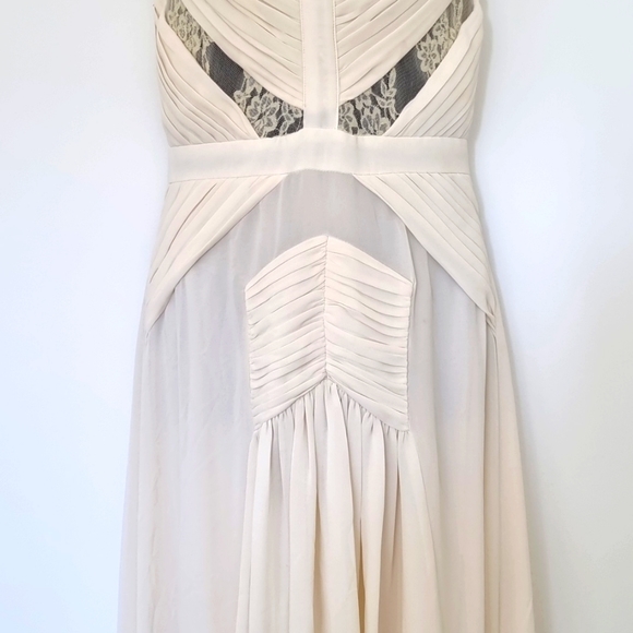 Jarlo, cream long formal dress, lace details, lined, sheer overlay, size 6 - Picture 3 of 12
